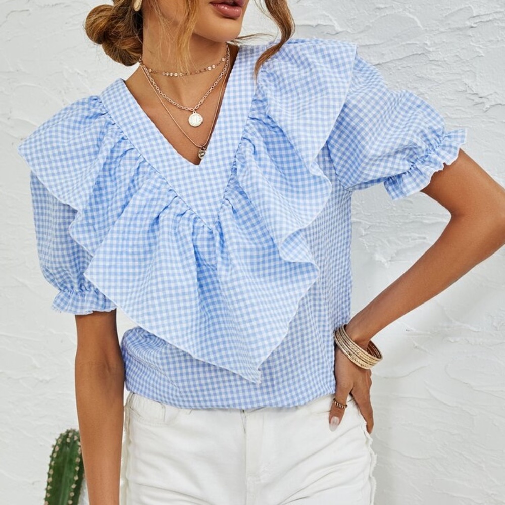 Boho Blue Gingham Puff Sleeve Blouse - Picture 1 of 4